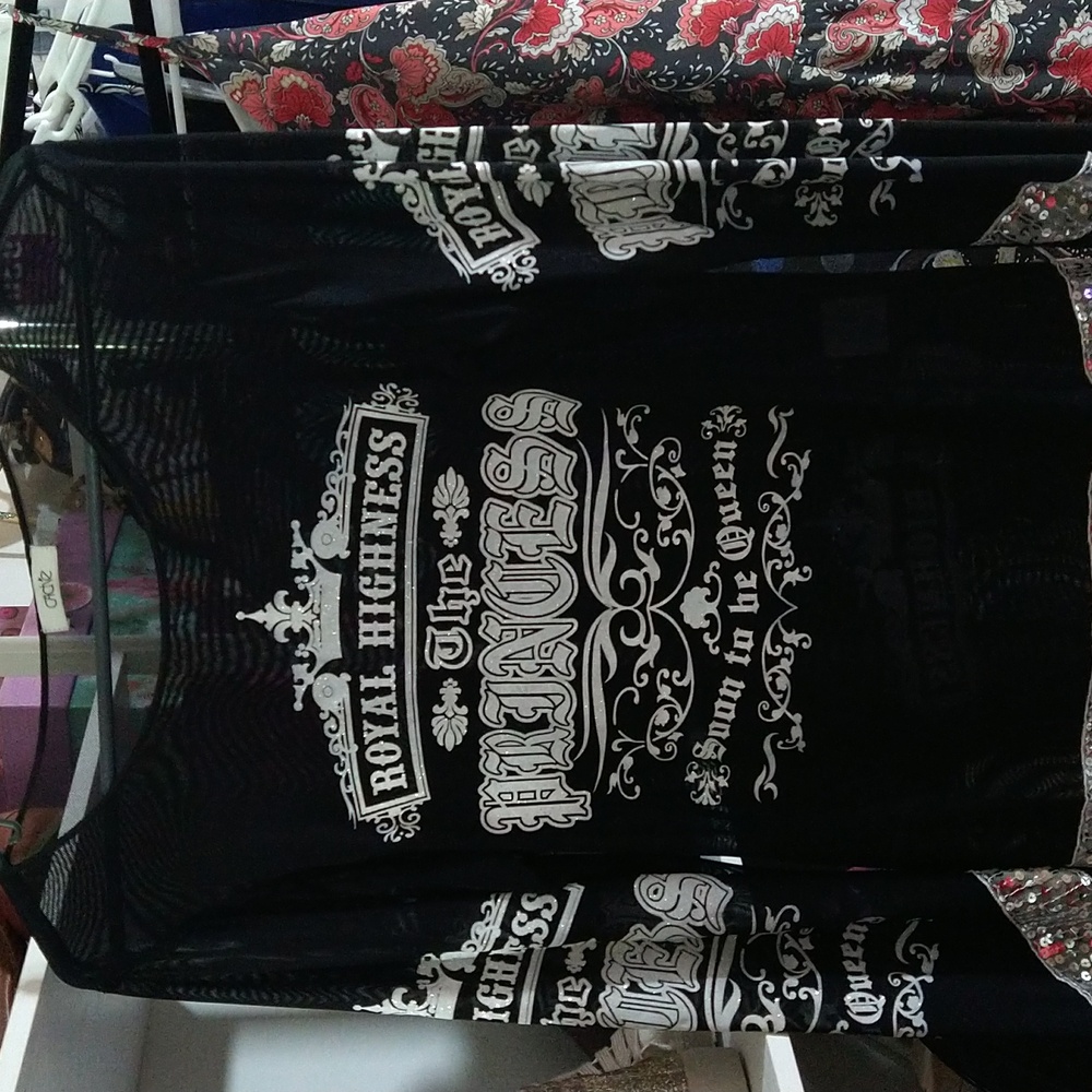 Cache - Sheer Black & Sequin long sleeve top "Princess" graphics & text
